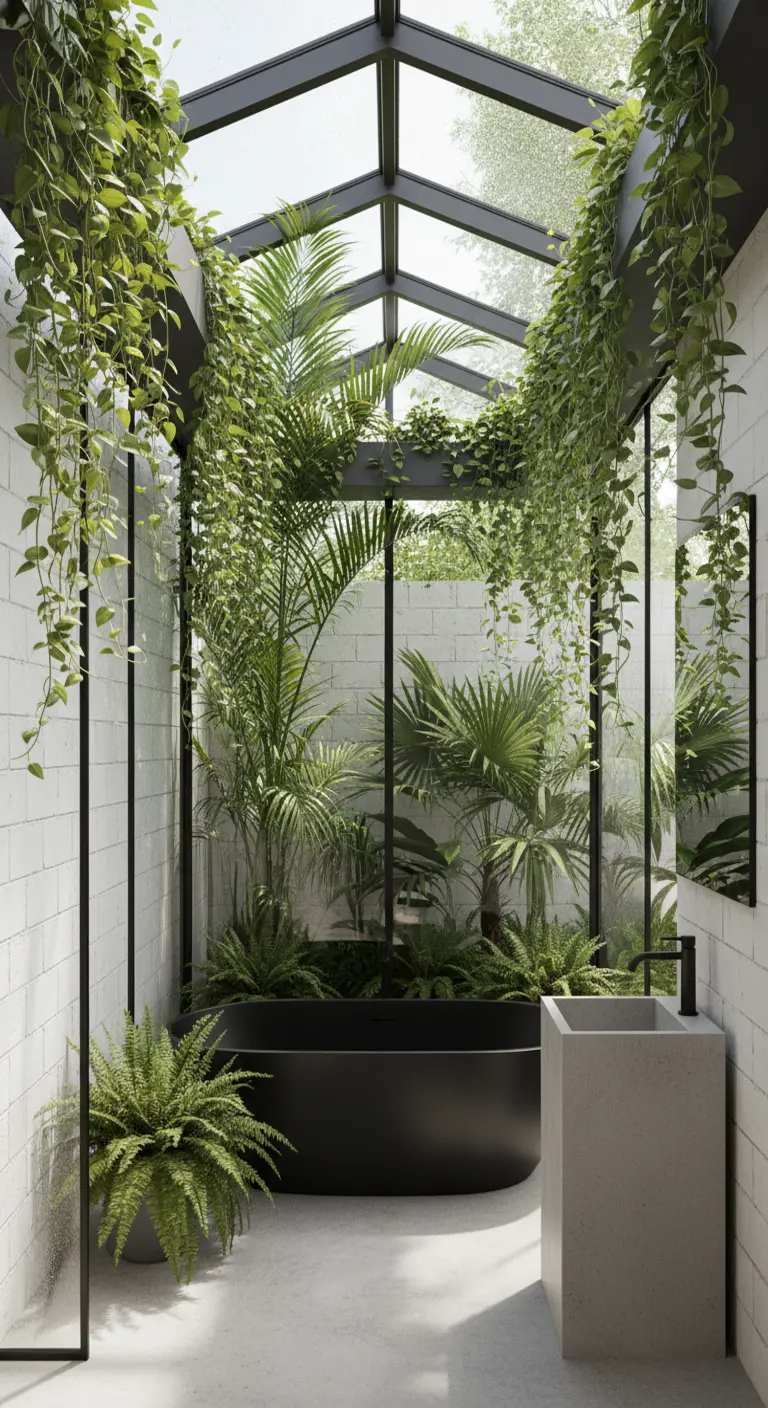 Baño con techo de cristal y paredes de cristal, lleno de plantas, con una bañera negra en el centro.