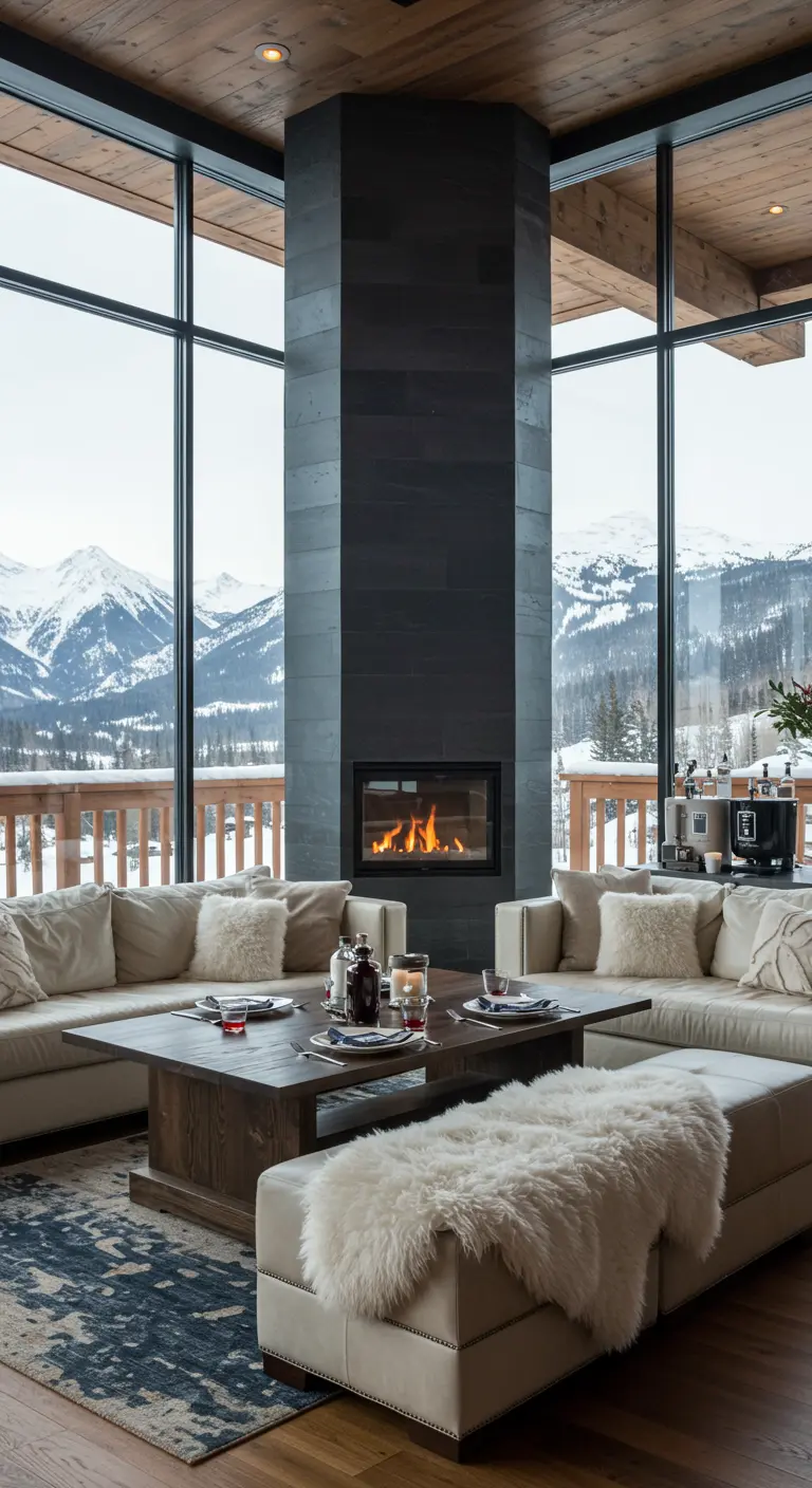 Salón moderno con una gran chimenea, sofás beige y vistas a montañas nevadas.