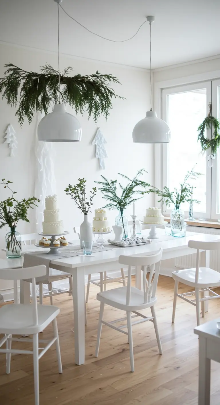 Comedor de estilo escandinavo en blanco, decorado con ramas de pino para una celebración invernal.
