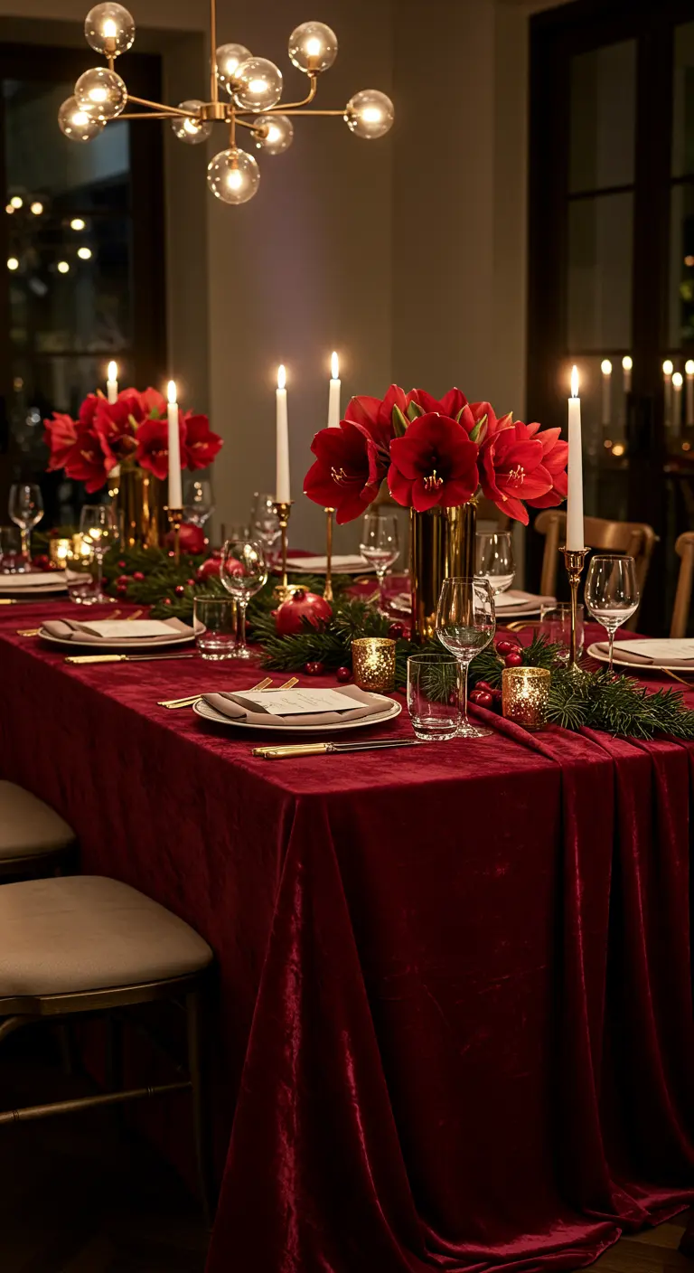 Mesa de comedor de invierno con mantel de terciopelo rojo, flores rojas y detalles dorados.