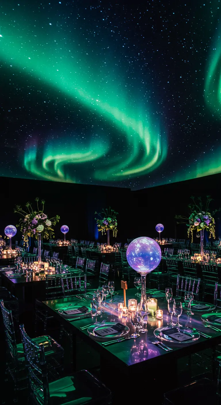Salón de banquetes a oscuras con una proyección de la aurora boreal en el techo.