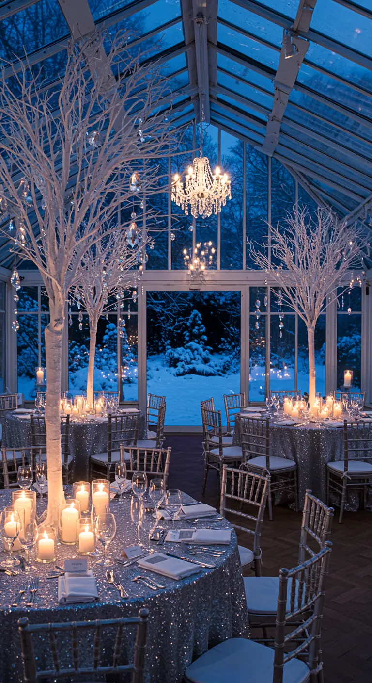 Invernadero por la noche con mesas decoradas con manteles de lentejuelas y árboles blancos.
