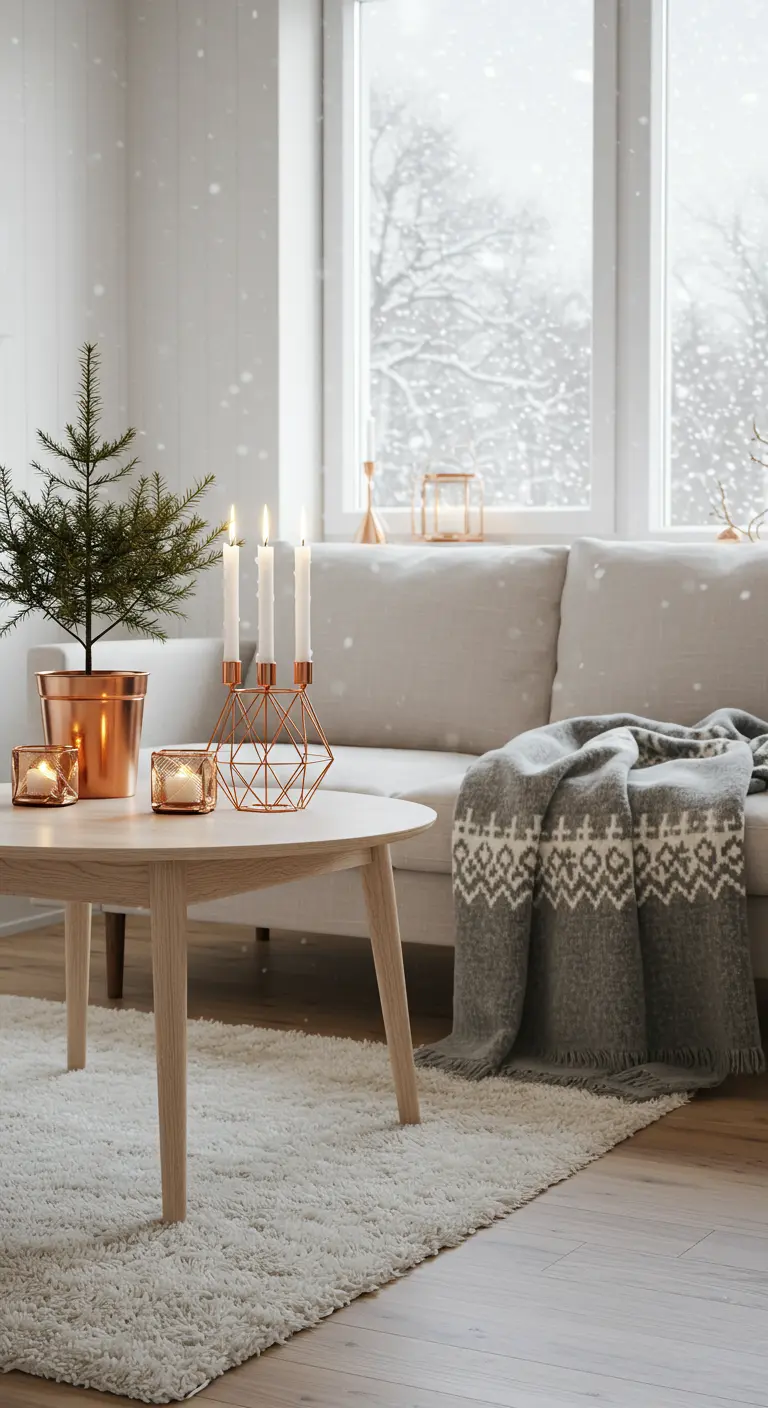 Salón invernal con vistas a la nieve, manta con estampado nórdico y adornos de cobre.