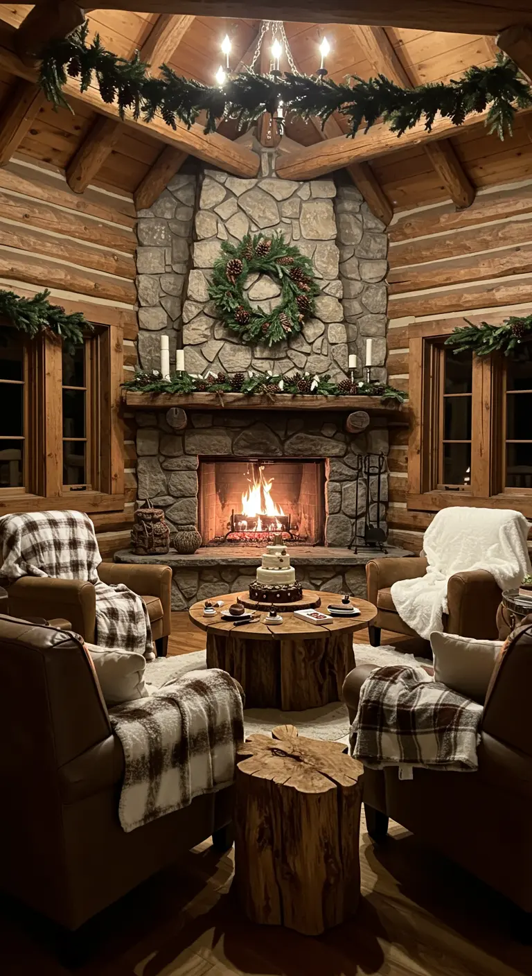 Interior de una cabaña rústica con chimenea de piedra, sillones de cuero y mantas de cuadros.