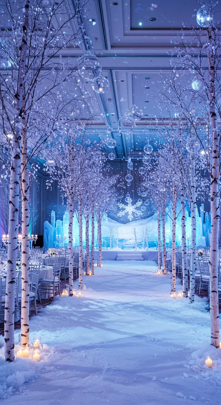 Salón de fiestas decorado como un bosque de invierno con árboles de abedul, nieve y luces azules.