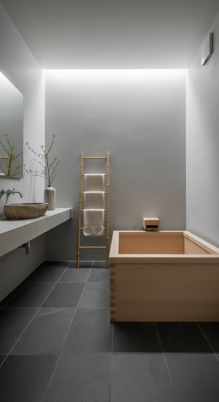 Baño de estilo Japandi con bañera de madera, suelo de pizarra y una escalera de bambú como toallero.