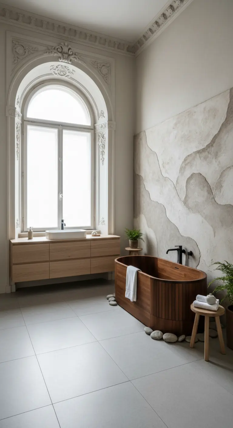 Baño de estilo Japandi con bañera de madera, mural de pared y elementos naturales