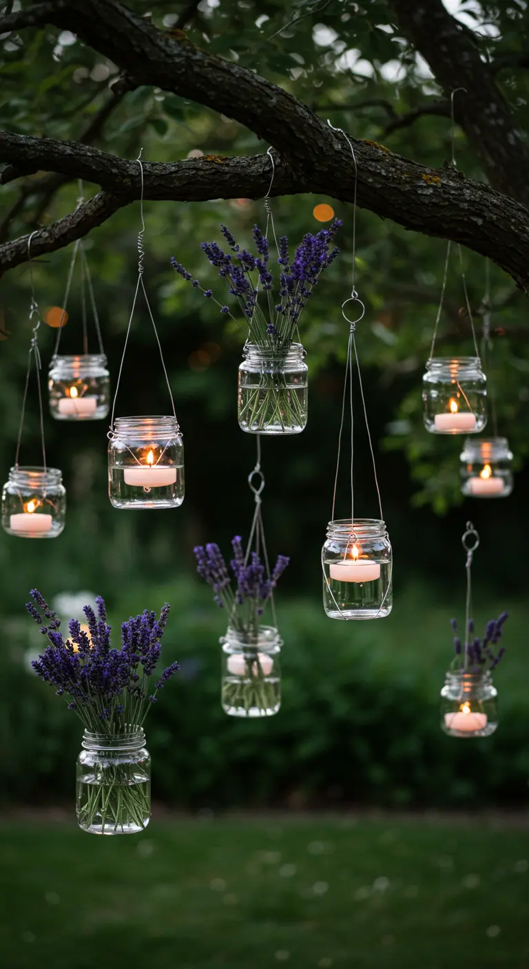 Frascos de vidrio con velas y lavanda colgando de la rama de un árbol en un jardín.
