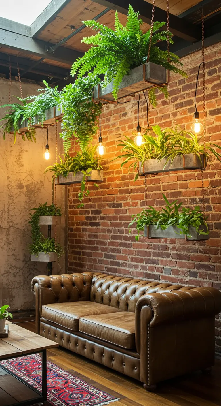 Jardineras de metal con helechos colgando del techo en una sala de estilo industrial con pared de ladrillo