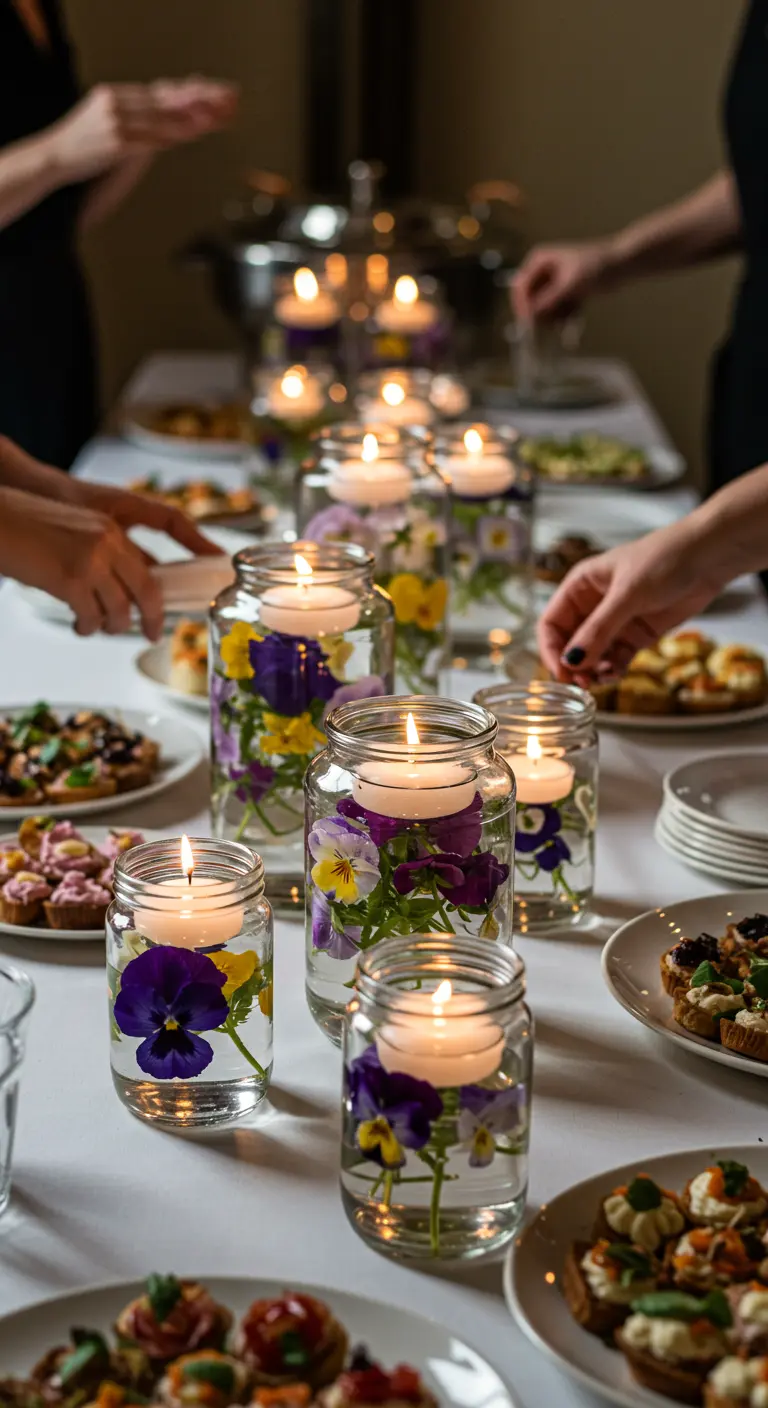 Frascos con flores de pensamiento comestibles flotando en el agua, como centro de mesa en un buffet.