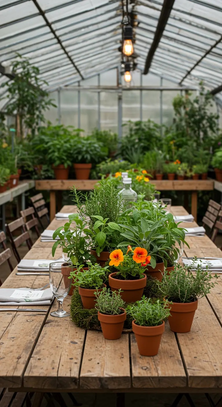 Centro de mesa hecho con una agrupación de hierbas aromáticas en macetas sobre una mesa de madera.