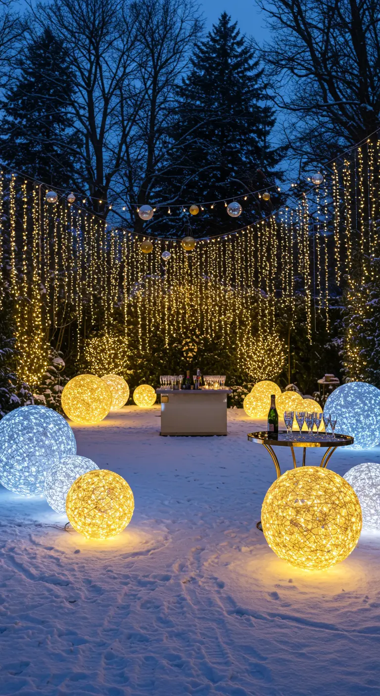 Jardín nevado de noche, decorado con grandes esferas de luz blancas y amarillas.