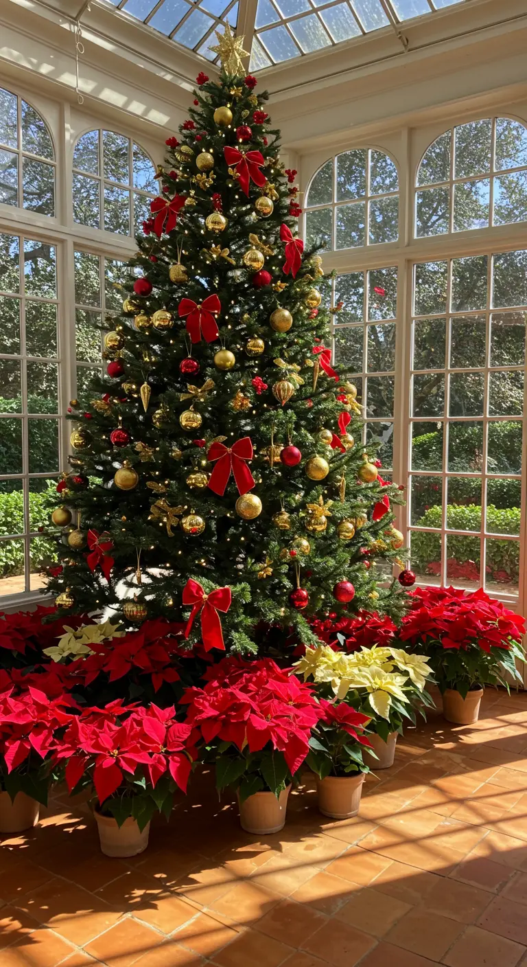 Árbol de Navidad rodeado de decenas de flores de Pascua rojas y blancas en un solárium.