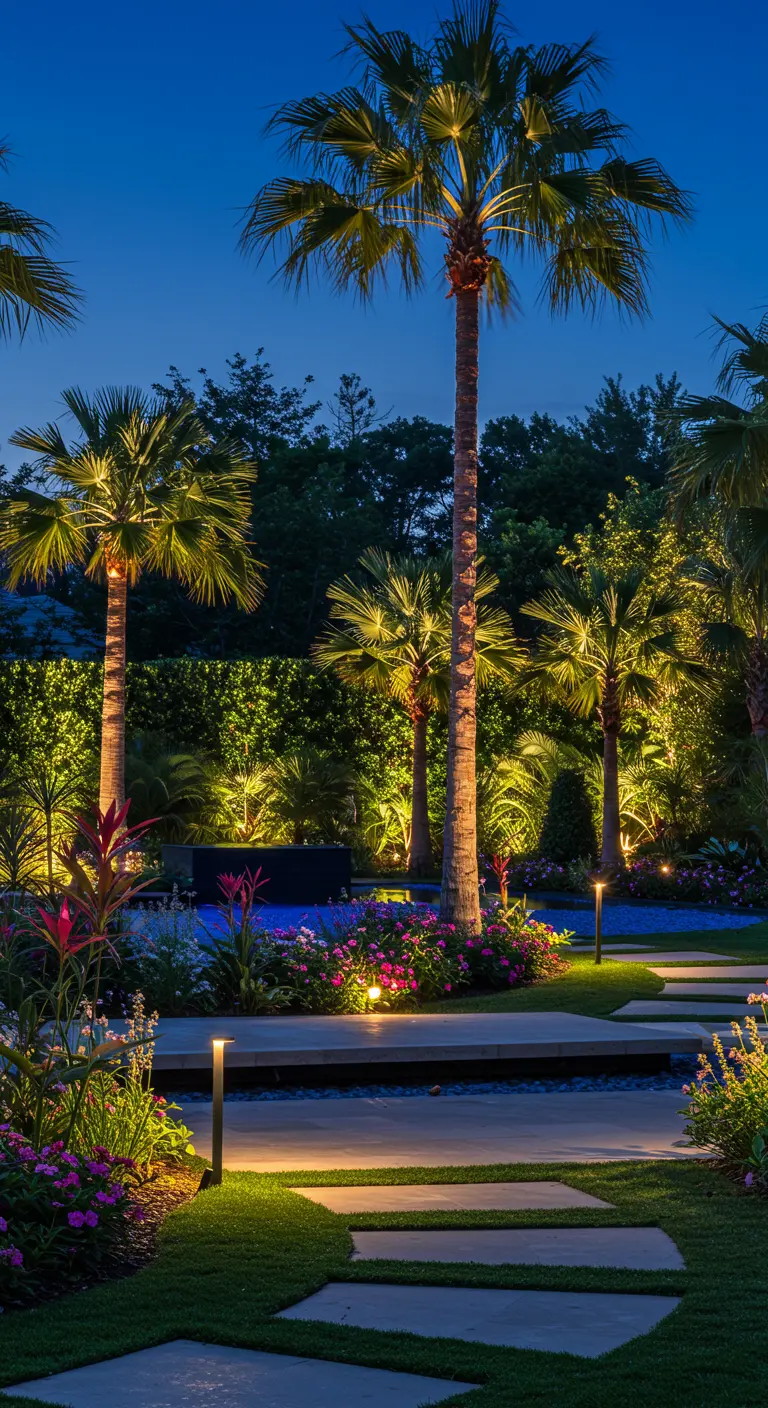 Jardín tropical iluminado por la noche con focos que resaltan las palmeras y las flores de colores.