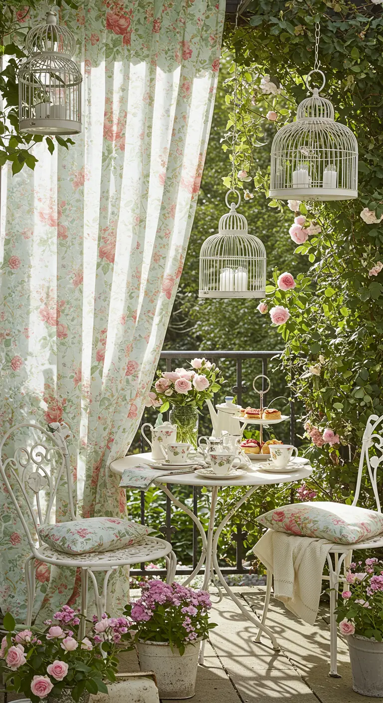 Balcón romántico estilo jardín inglés con cortinas de flores, mesa de forja y jaulas con velas.