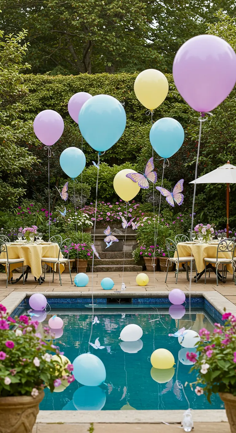 Globos de colores pastel con mariposas en sus cuerdas flotando sobre una piscina.