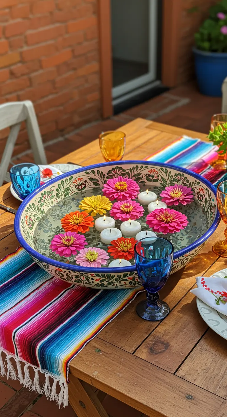 Centro de mesa con un cuenco de cerámica con velas flotantes y flores de colores.