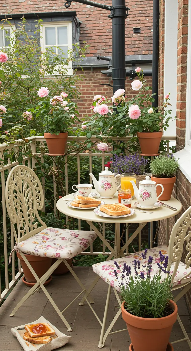 Balcón romántico con muebles de hierro forjado, cojines florales y macetas con rosas y lavanda.