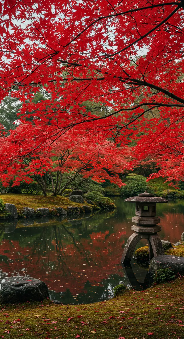 Paisaje de jardín japonés con un estanque y un arce con hojas de un rojo intenso.