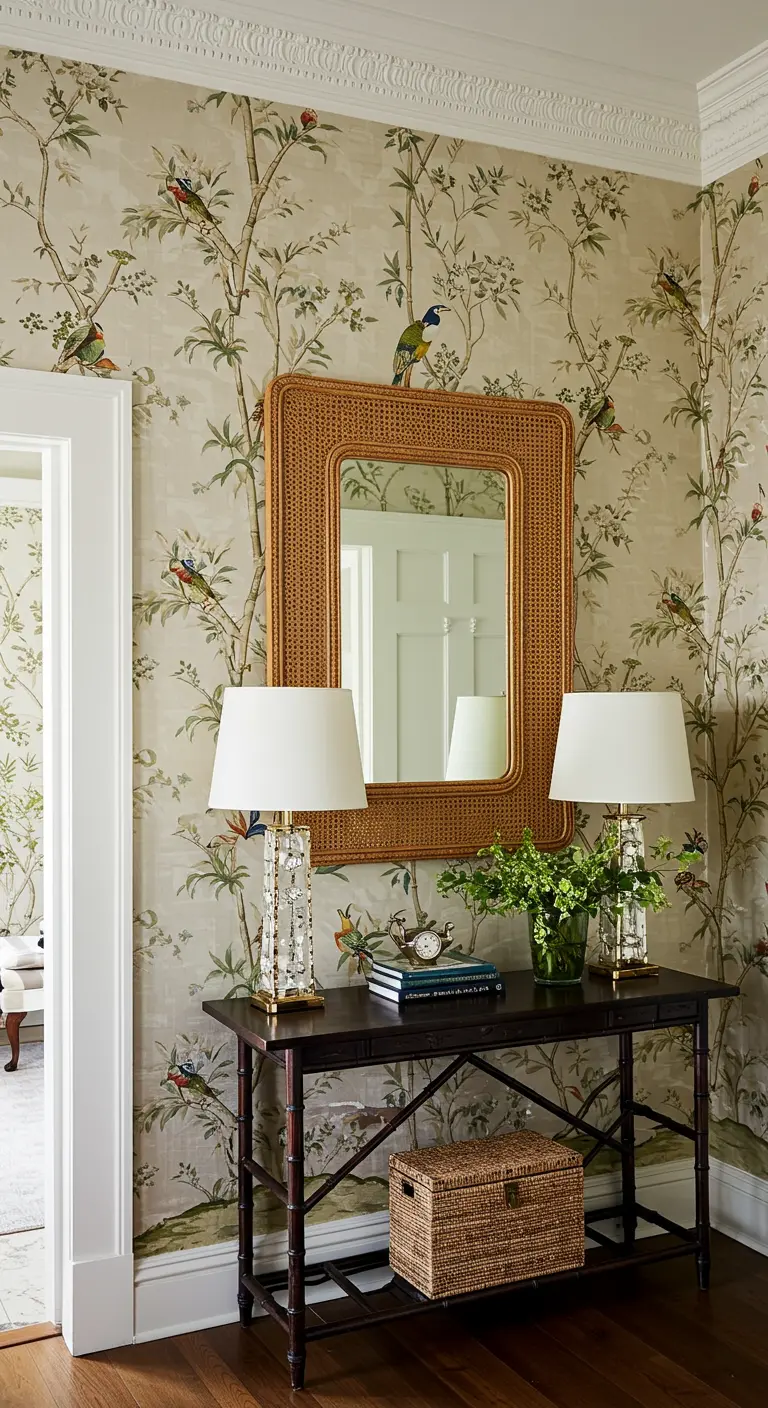 Recibidor clásico con papel tapiz estilo chinoiserie, consola oscura y espejo rectangular de ratán.
