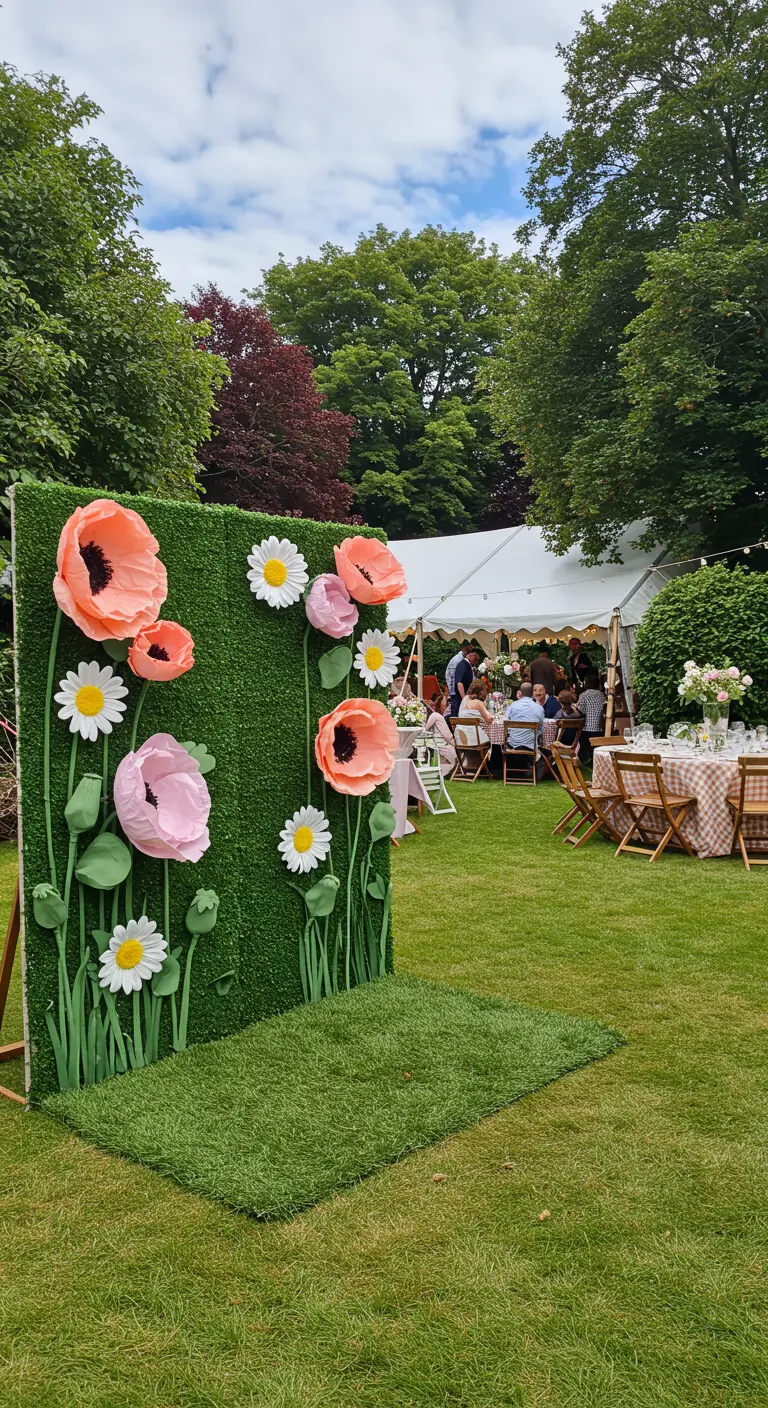 Panel de césped artificial decorado con amapolas y margaritas de papel gigantes para una fiesta.