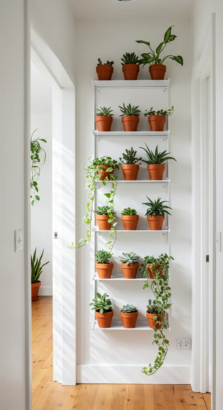 Estantería blanca y delgada en un pasillo con múltiples macetas de terracota y plantas verdes.