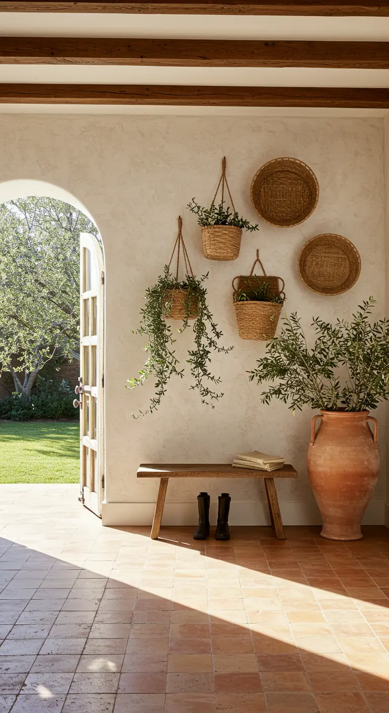 Entrada de estilo mediterráneo con cestas colgantes con plantas y una gran tinaja de terracota.
