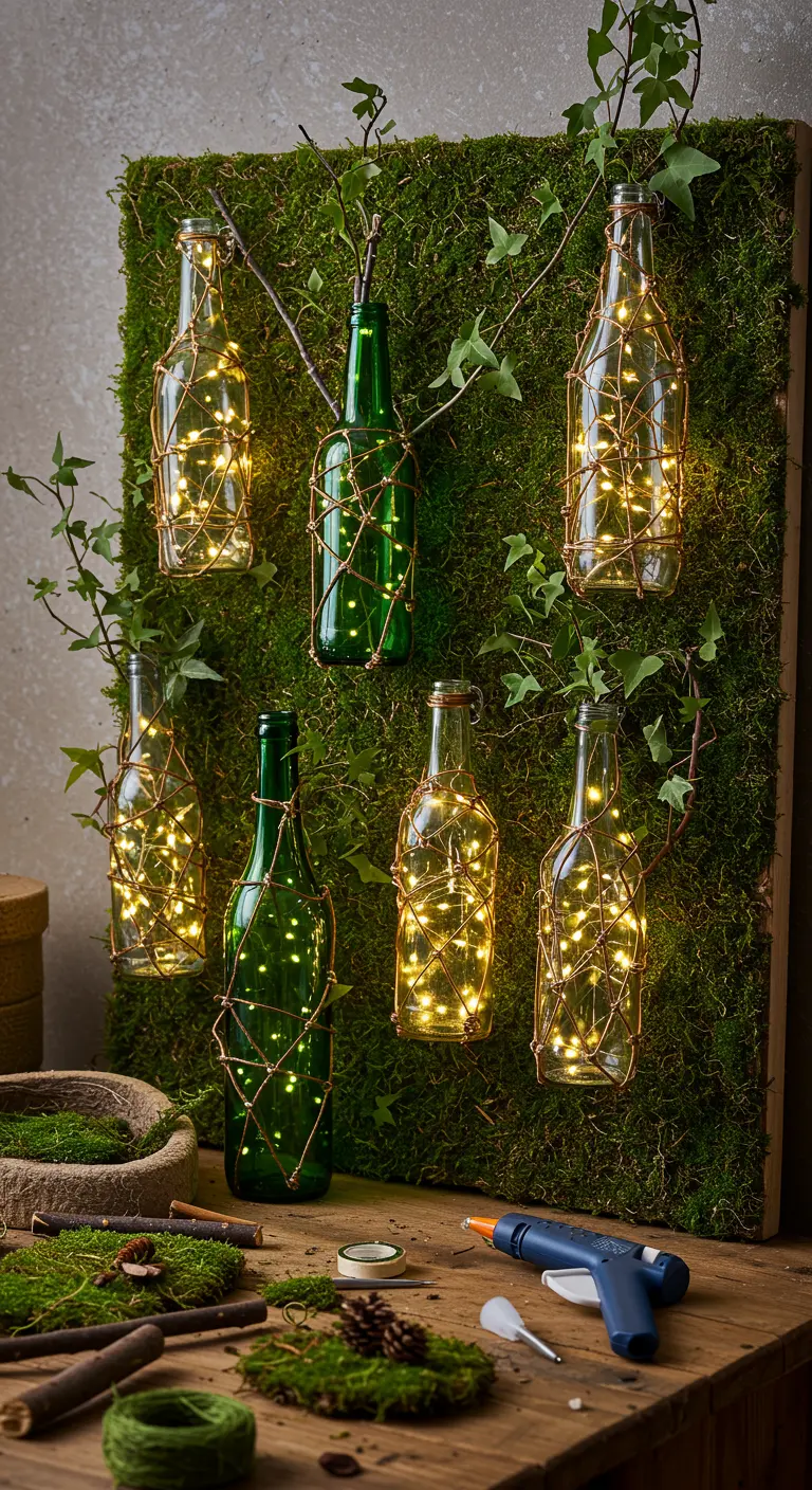 Panel de pared cubierto de musgo con botellas de vidrio iluminadas y hiedra entrelazada.