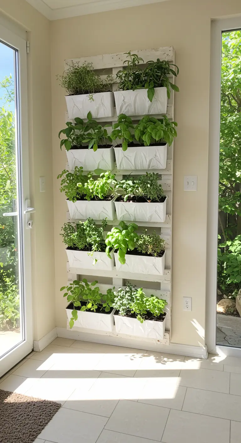 Jardín vertical para hierbas aromáticas hecho con un palet pintado de blanco.