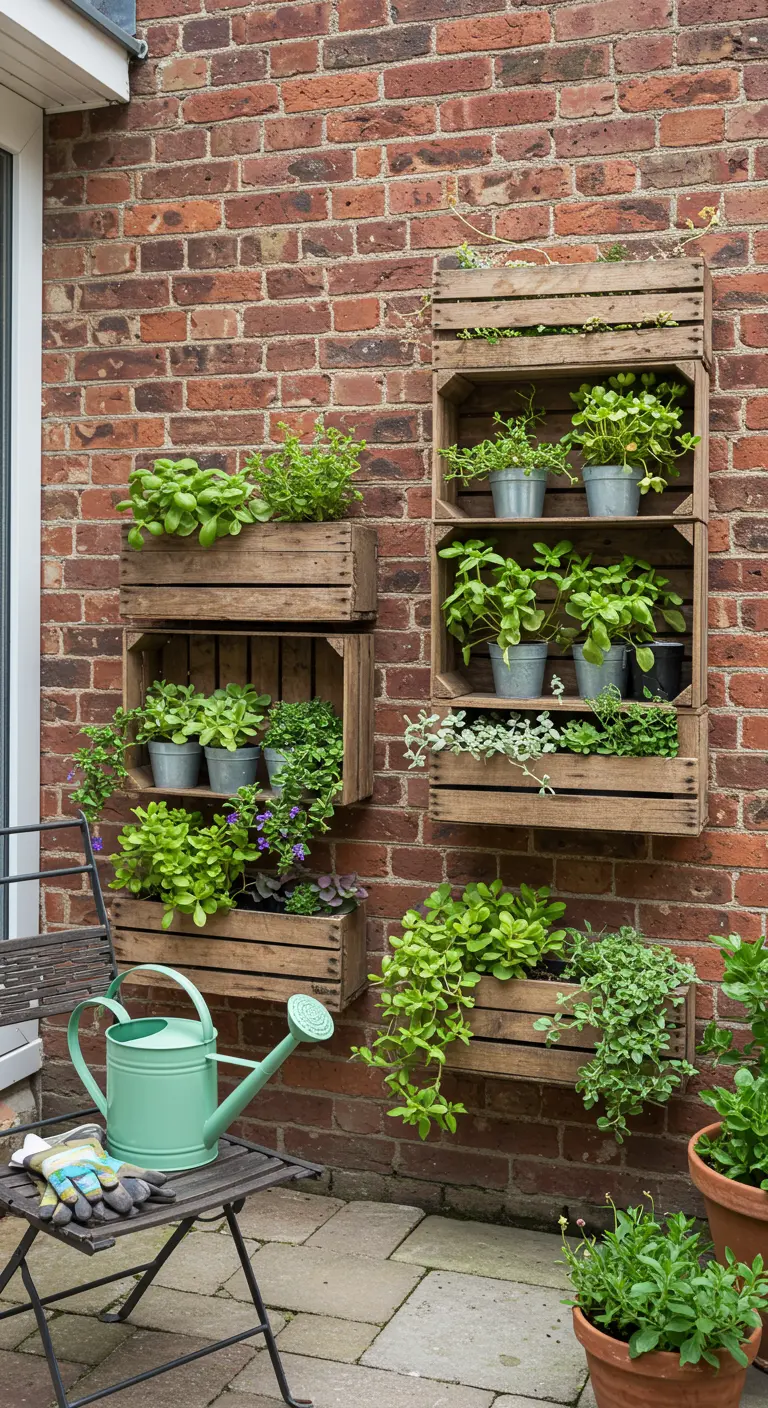 Cajas de madera colgadas en una pared de ladrillo exterior, usadas como jardineras verticales.