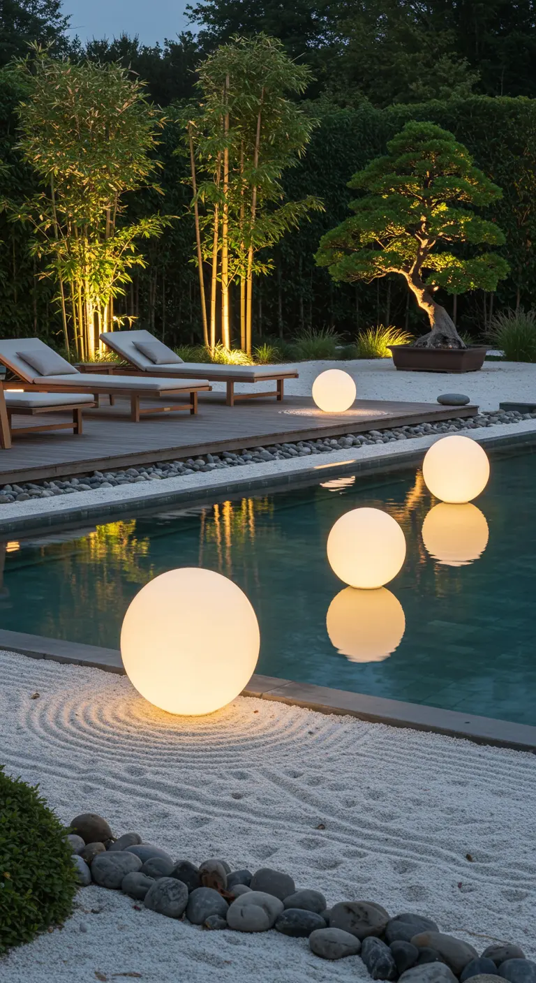 Esferas de luz LED flotan en una piscina y descansan en un jardín de arena zen.