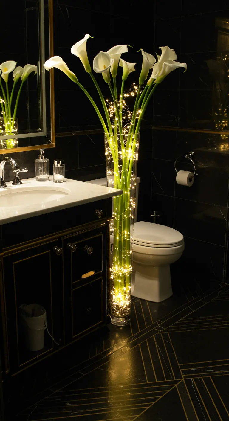 Baño oscuro y lujoso con un jarrón de cristal alto lleno de calas y luces de hadas sumergidas.