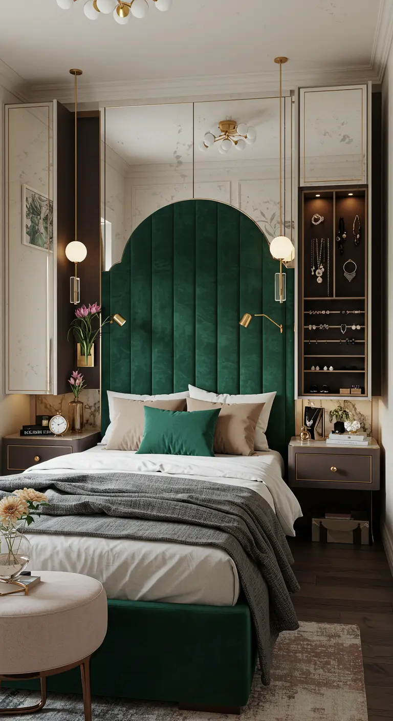 Cabecero de terciopelo verde flanqueado por dos armarios joyeros con espejos