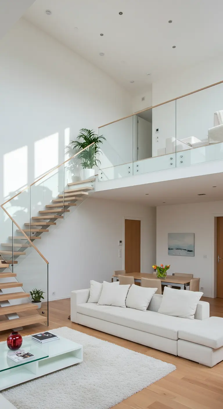 Salón de doble altura con escalera de madera clara y barandilla de cristal.