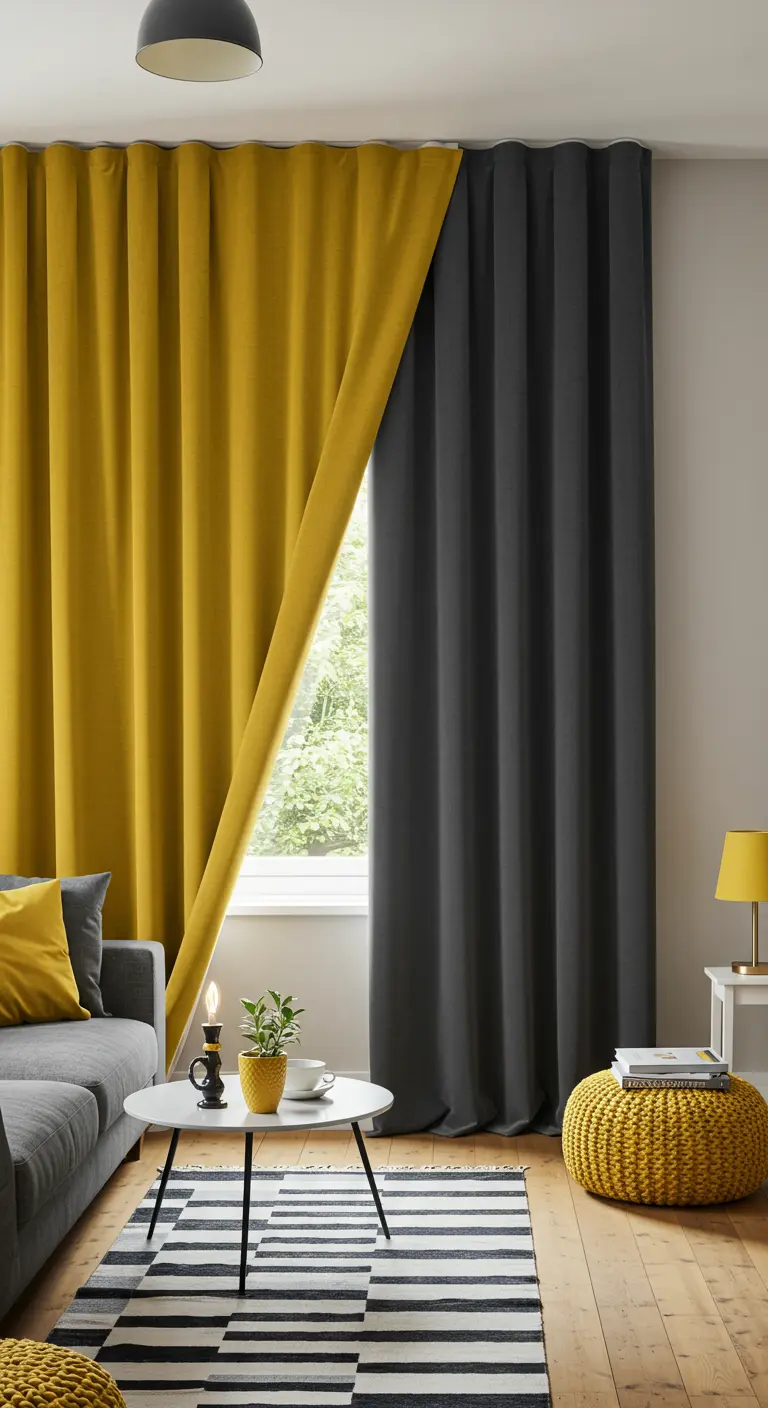 Cortinas de dos colores, una amarilla mostaza y otra gris oscuro, en una sala de estar.