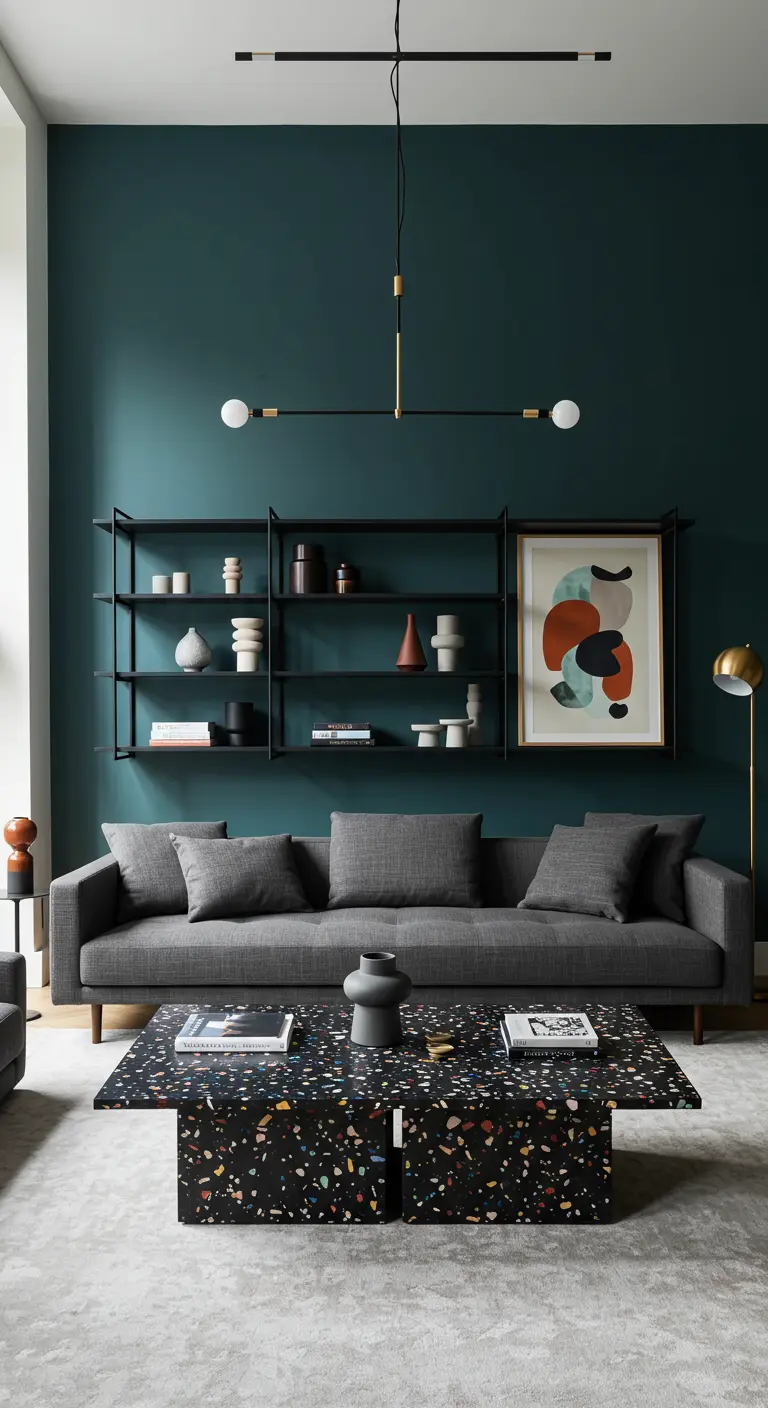 Sala moderna con pared verde azulado, estanterías negras y una mesa de centro de terrazo.