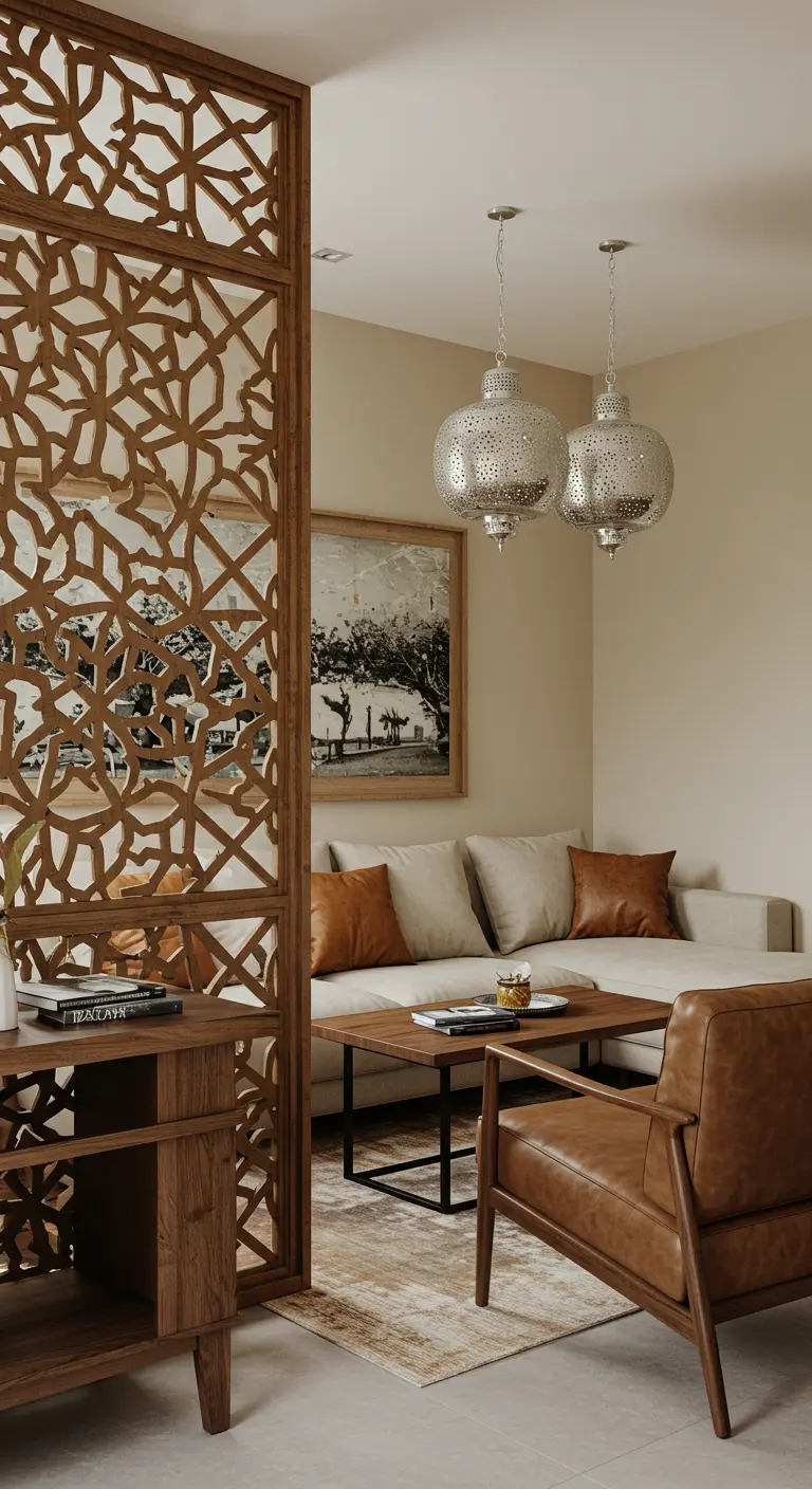 Divisor de madera calada en una sala de estar con dos faroles plateados colgantes cerca