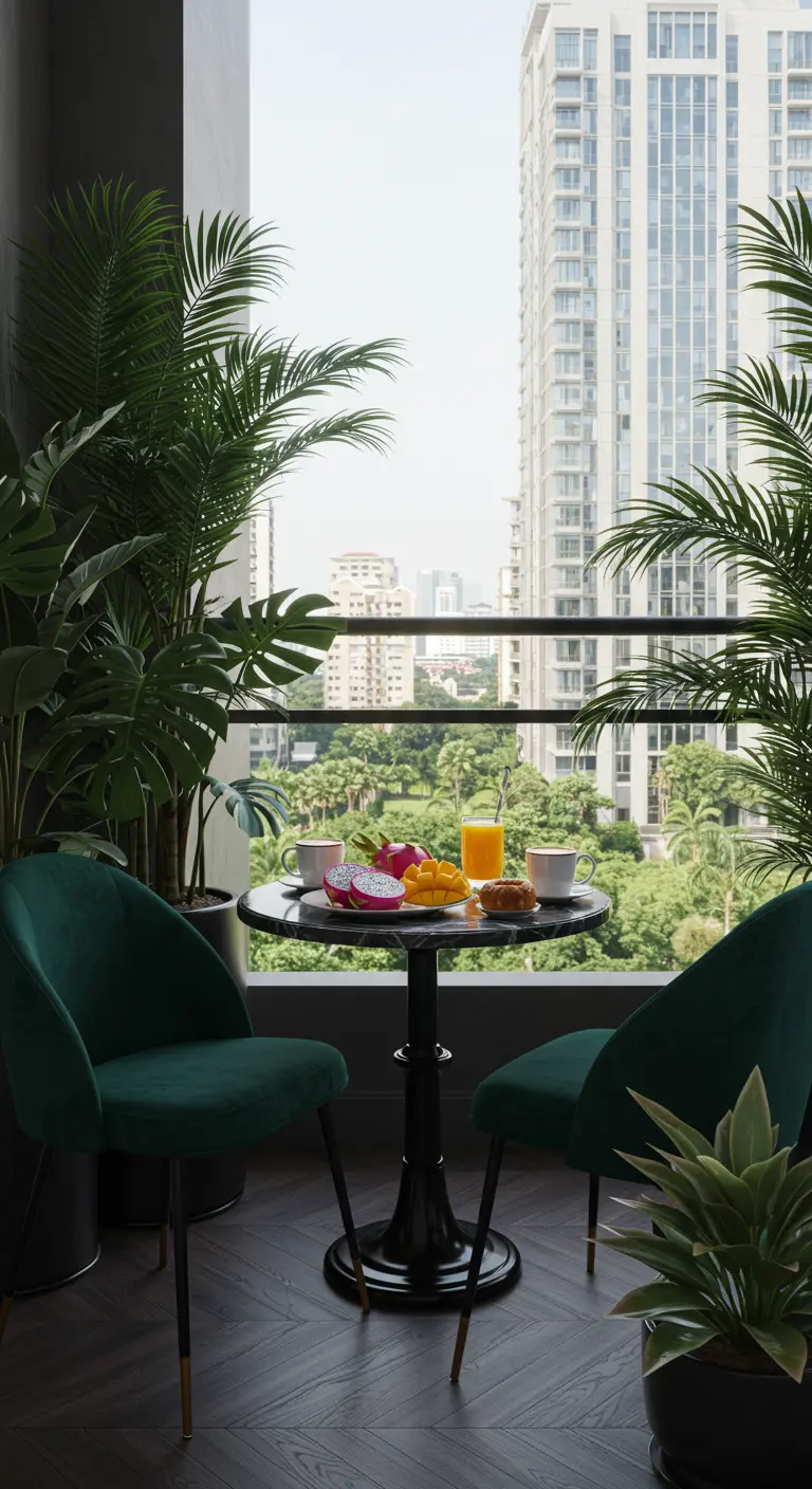 Balcón moderno con plantas tropicales altas, sillas de terciopelo verde y mesa de mármol.
