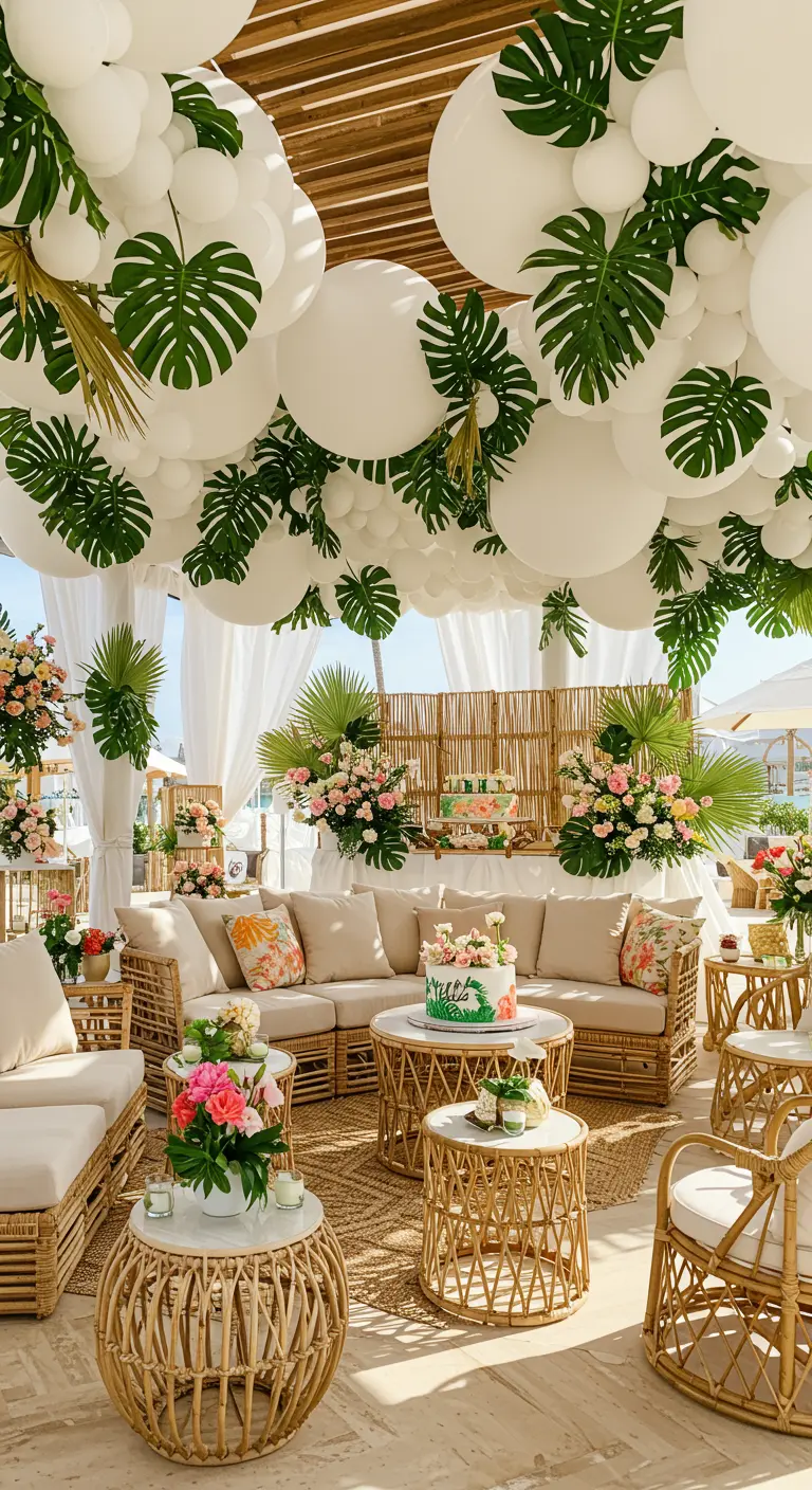 Techo de globos blancos decorado con grandes hojas verdes de monstera y palmera.