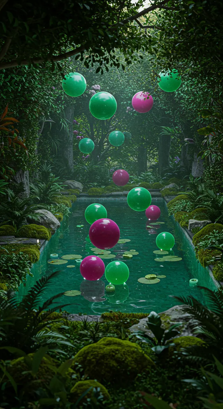 Globos verdes y magentas flotando en una piscina rectangular rodeada de densa jungla.
