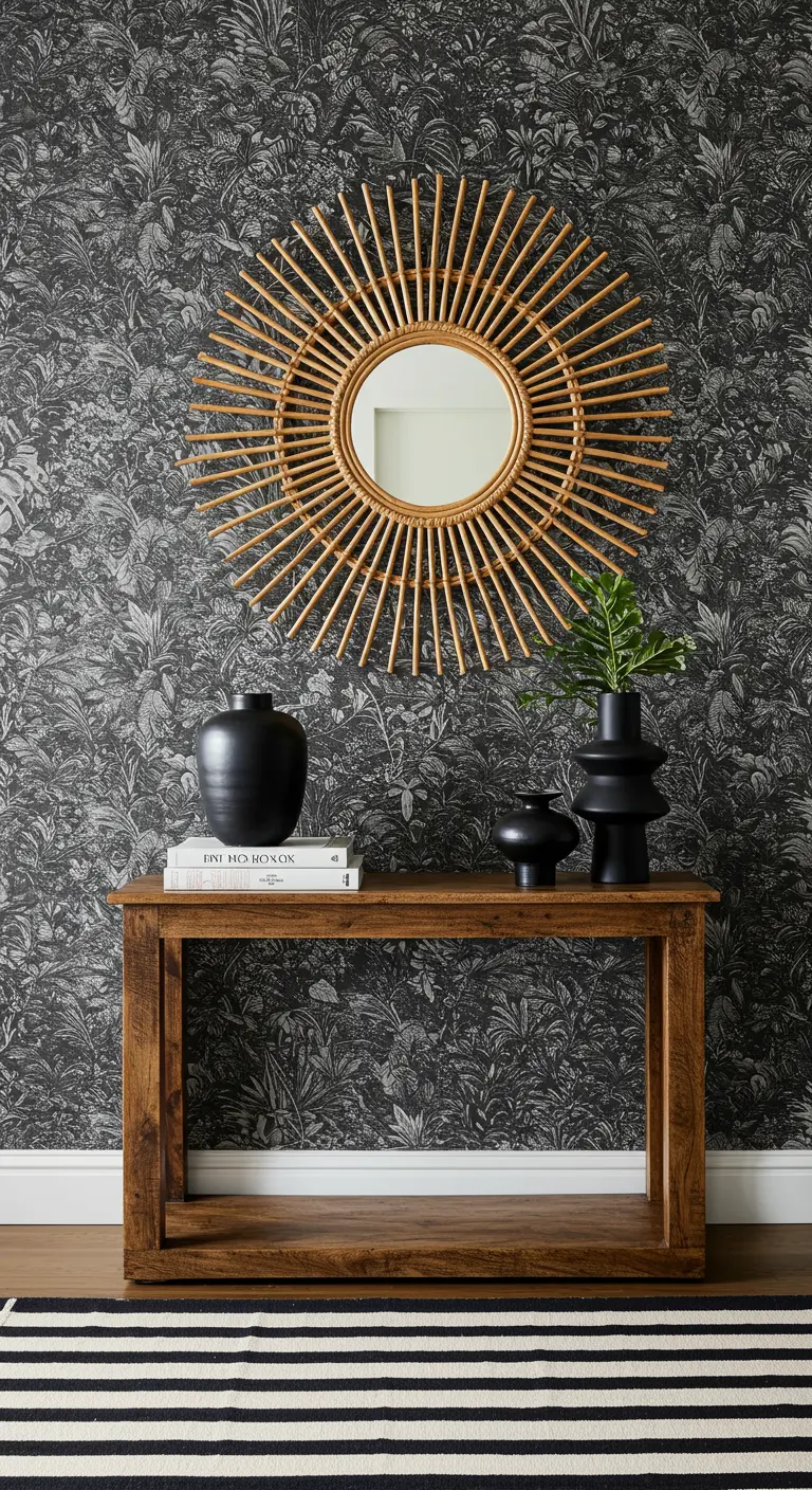 Consola de madera con espejo de sol de ratán frente a una pared con papel tapiz de jungla en negro.