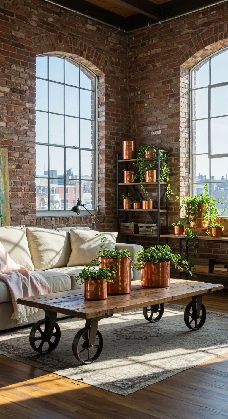Loft industrial con paredes de ladrillo y mesa de centro con macetas de cobre y plantas.