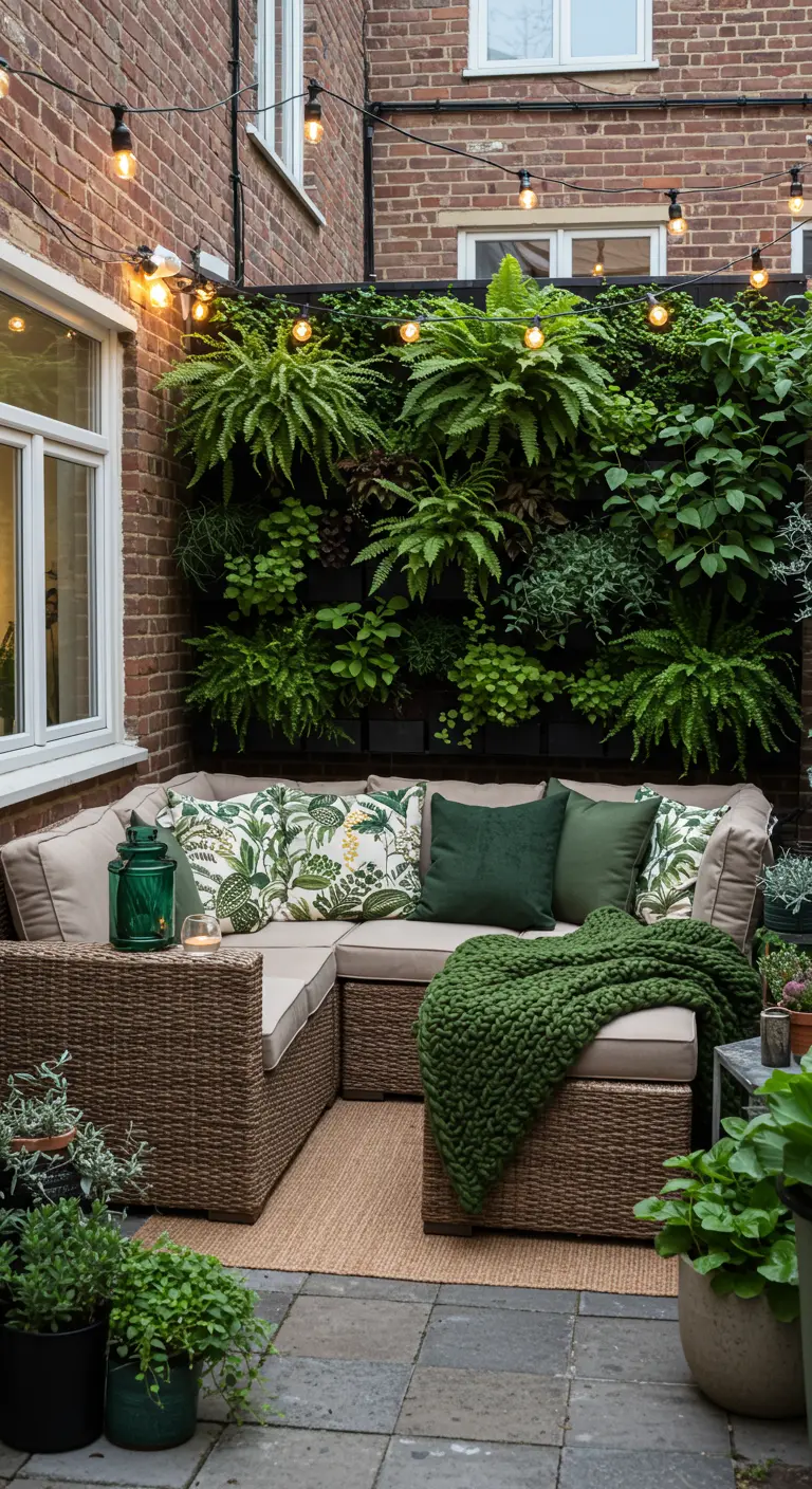 Patio urbano con un sofá de mimbre, cojines verdes y con estampado de hojas, y un gran jardín vertical.