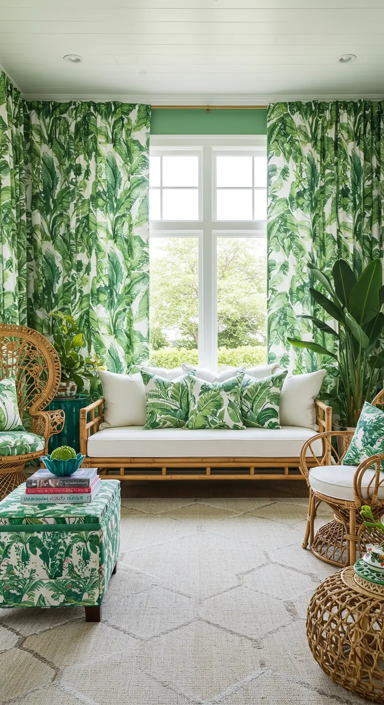 Cortinas con estampado de hojas de palmera verdes en una sala de estar de estilo tropical.