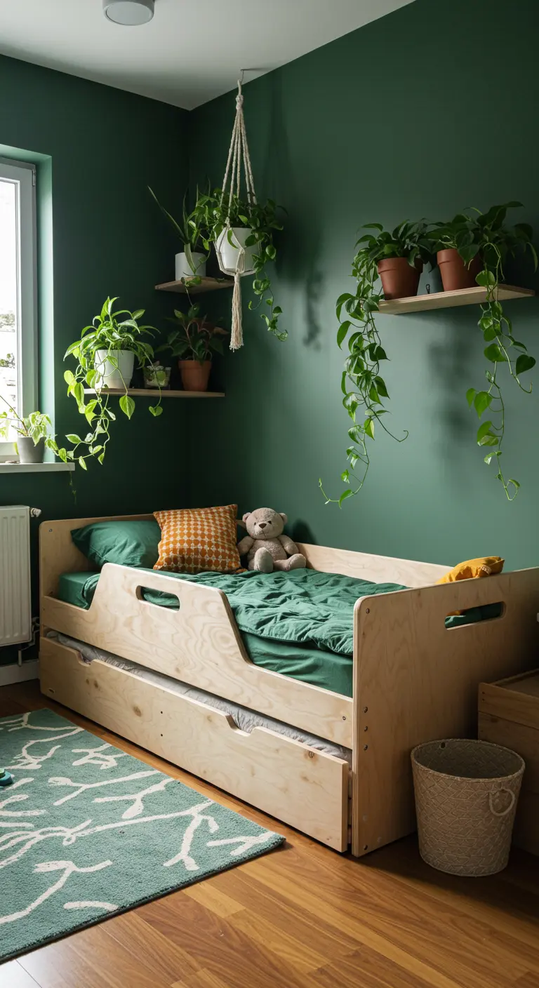 Cama nido de madera contrachapada en un dormitorio con paredes verde oscuro y muchas plantas.