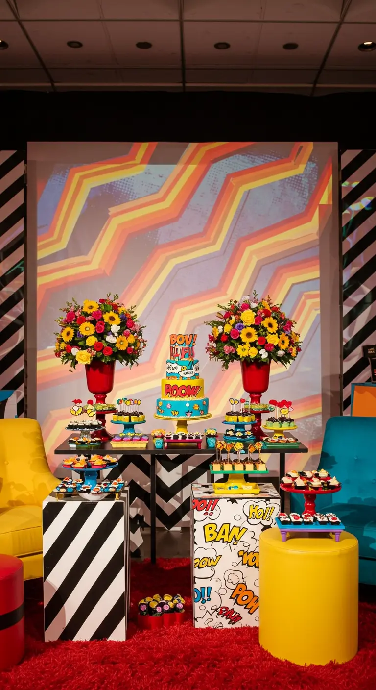 Fondo de fiesta estilo Pop Art con colores vibrantes y temática de superhéroes.