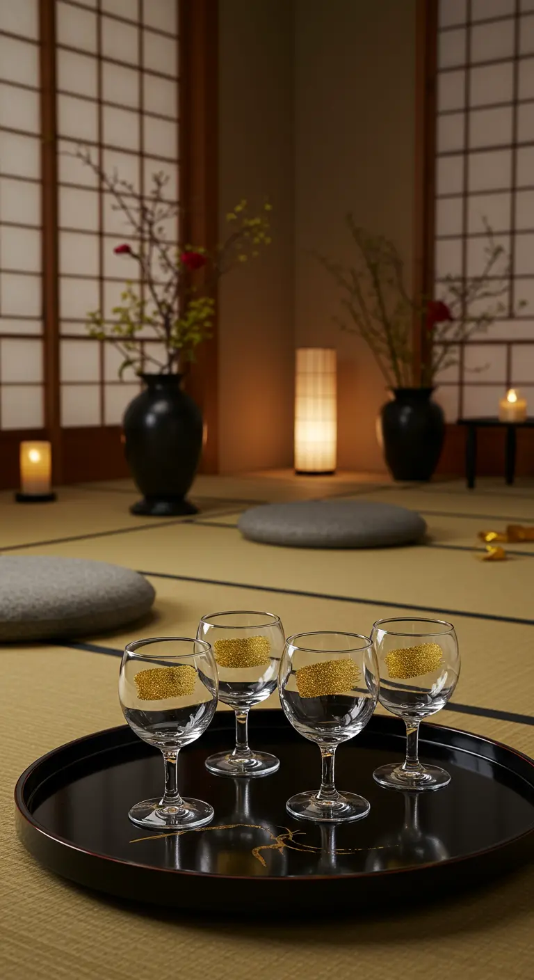 Cuatro copas de vino con purpurina dorada en su interior, sobre una bandeja en una habitación japonesa.