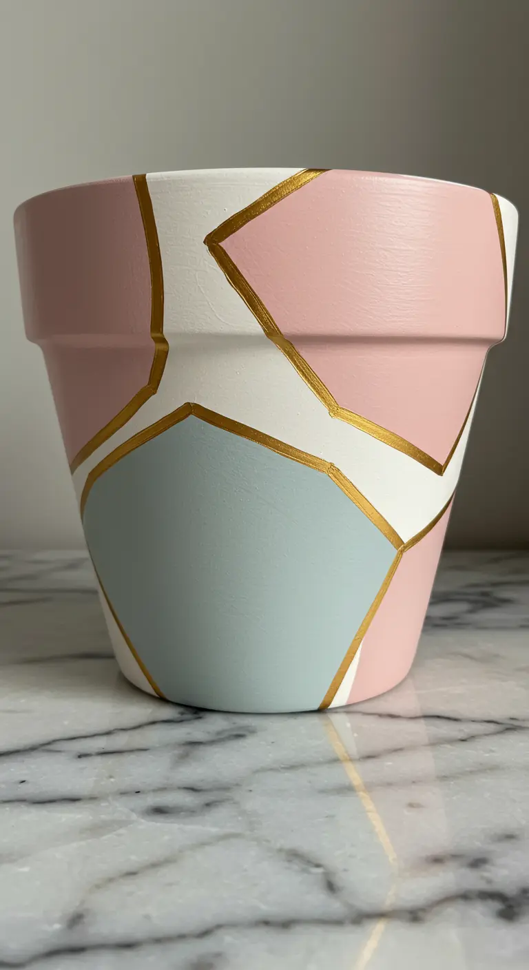 Maceta pintada con bloques de color pastel y líneas doradas que imitan el arte kintsugi.