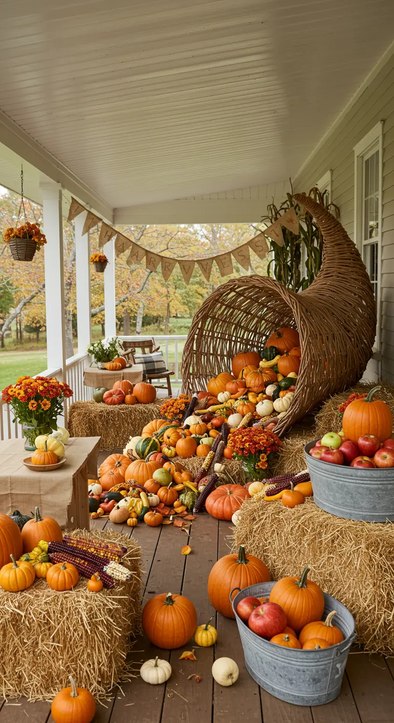 Gran porche de granja con una cornucopia gigante rebosante de calabazas, maíz y manzanas.