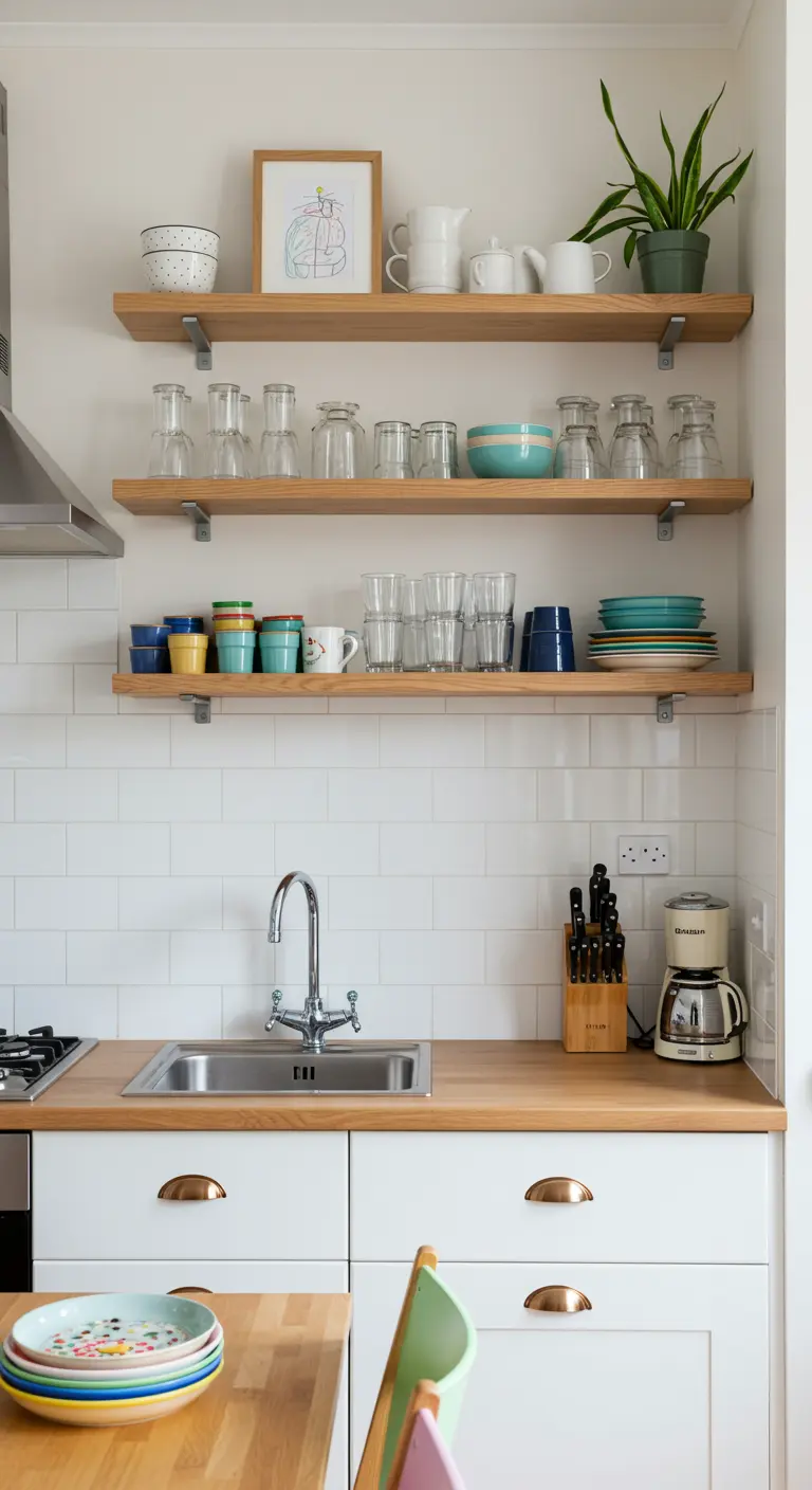 Estanterías de madera sobre una encimera blanca con vajilla de uso diario apilada y toques de color